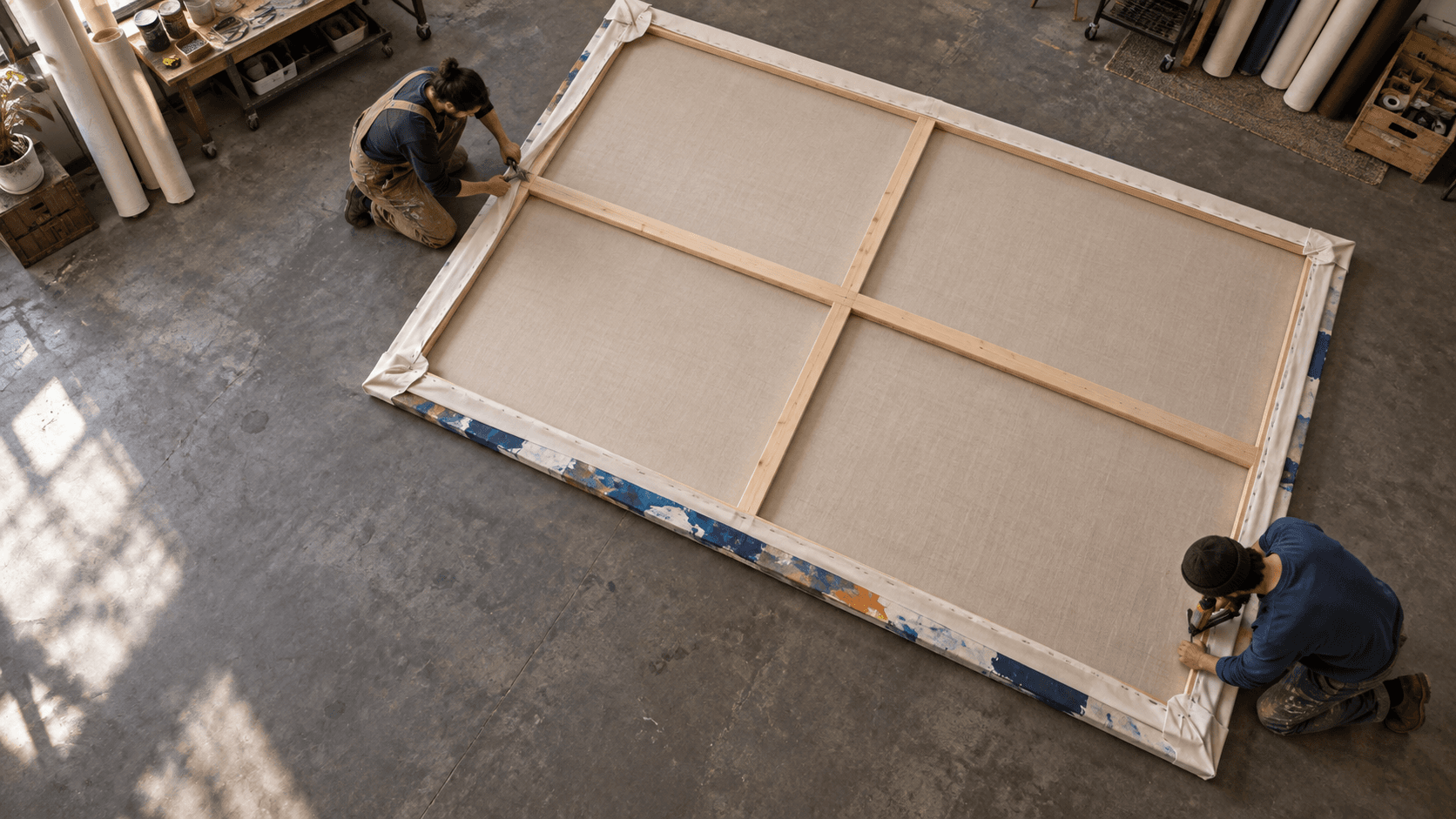 Overhead view of two workers stretching an oversized canvas on a studio floor